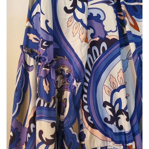 Crown & Ivy Dress Blue Paisley WOM XS Open Neck w/ Detailed Sleeves - Picture 5 of 12